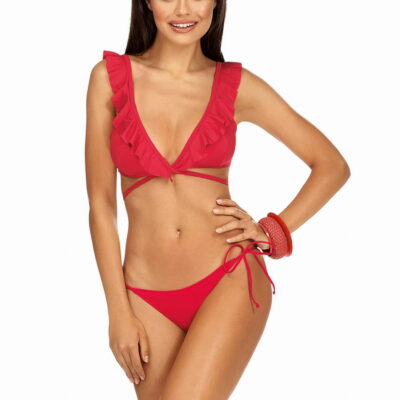 Czerwone bikini w hiszpańskim stylu z ozdobnym wiązaniem z przodu L1140
