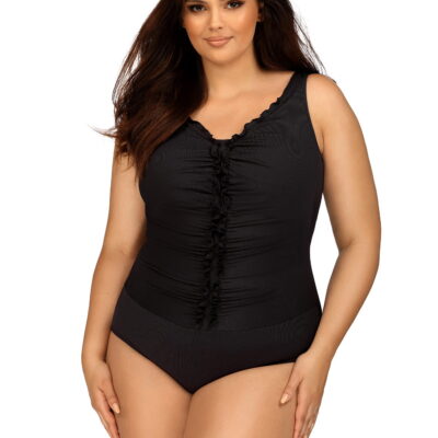 Klasyczny czarny kostium kąpielowy jednoczęściowy Plus Size z efektownym marszczeniem L4543